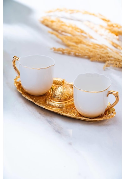 Acar Syt-012406/12 Ayla 2 Kişilik Tepsili Sunum Kahve Fincanı Takımı - 90 Ml Beyaz - Gold