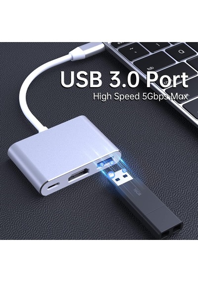 3-in-1 Type-c Çoklayıcı Adaptör Usb-c To Hdmı + Usb 3.0 + Pd Şarj Laptop, Apple Uyumlu MacBook , Tablet Ve Telefon Dönüştürücü Hub