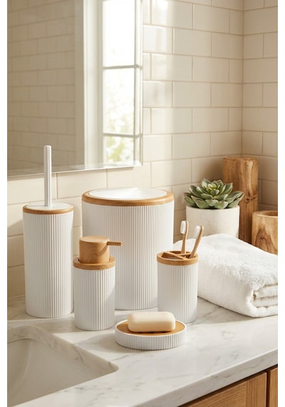Makri Home Beyaz Bambu Desenli 5 Parça Banyo Seti Çöp Kovası, Wc Fırçalık, Sıvı Sabunluk, Diş Fırçalık,sabunluk