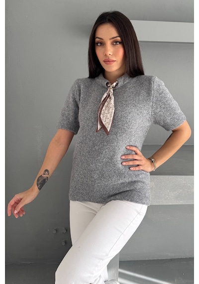 Noa & Noa Kadın Kısa Kollu Fular Detaylı Triko Kazak Soft Elegance Gri