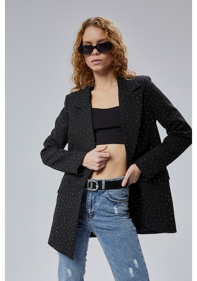 Kadın Regular Dokuma Astarlı Taş Detaylı Blazer Ceket Siyah