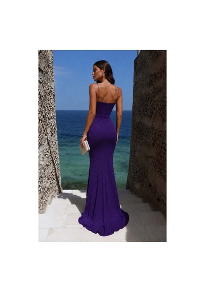DefyModa Kadın Modern Tasarım Kalp Yaka Taş Detaylı Maxi Abiye Elbise Mor