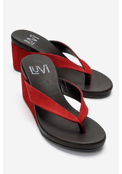 Luvi Shoes Pryon Kırmızı Süet Hakiki Deri Kadın Parmak Arası Dolgu Topuklu Terlik