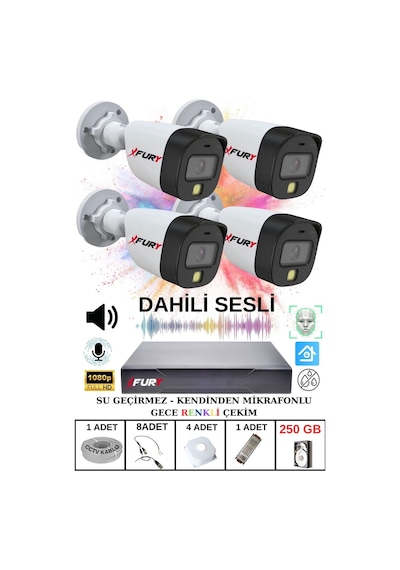 Fury 4 Lü Sesli Gece Renkli Görüş Güvenlik Kamerası Su Geçirmez Güvenlik Kamerası Seti 250gb