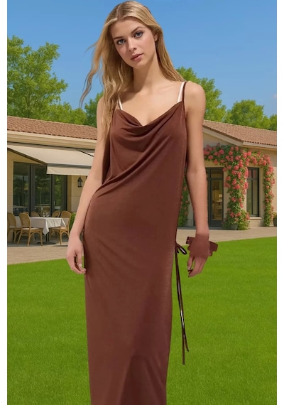 Ersefa Kadın Yazlık Örme Bodycon Plaj Elbise Derin Yırtmaçlı Maxi Özenle Kahverengi