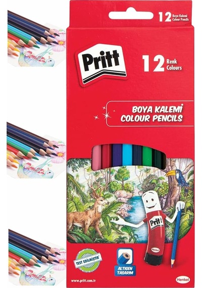 Kuru Boya Kalemi 12 Renk Karton Kutu 1 Paket Pritt 12 Li Kuruboya Tam Boy Renkli Kalem Kaliteli Yumuşak Uçlu Canlı Renk Çok Renkli