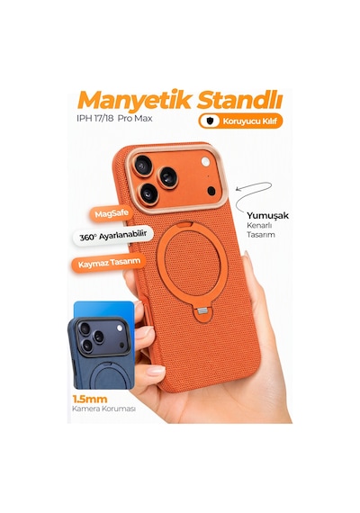 Fulltech Ftpc10 Apple iPhone Uyumlu 17 Pro Max  Turuncu Magsafe Kılıf 360 Döner Metal Halkalı Standlı Many