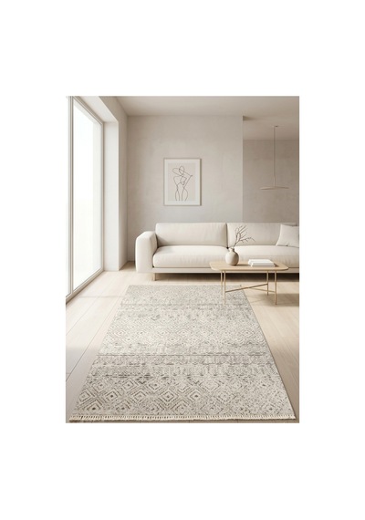 Classi Soft İnce Saten Bambu Halı Kaymaz Taban Yıkanabilir Modern Salon Mutfak Koridor Halısı Krem