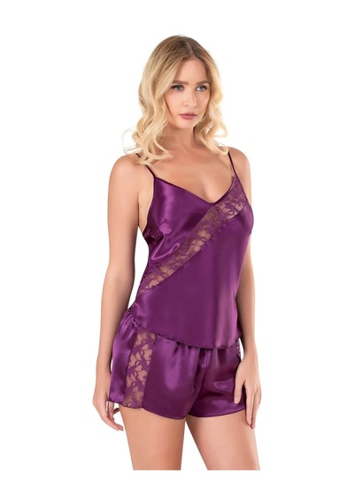 L'ombre Mor Saten Babydoll Şort Takımı