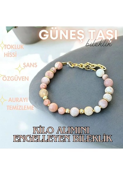 Güneş Taşı Gerçek Doğal Taş Bileklik Pembe