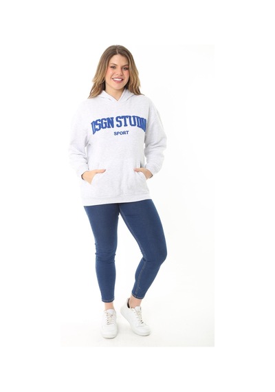Şans Kadın Büyük Beden Gri İçi Şardonlu 3 İplik Nakış Detaylı Kapşonlu Sweatshirt 65n37126-gri Gri
