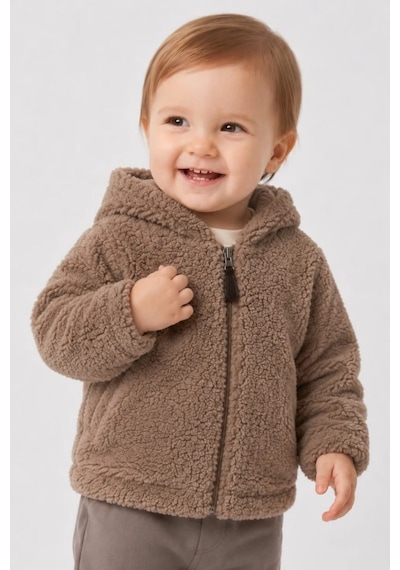 Wofim Kids Bebek Kapüşonlu Peluş Mont Kahverengi