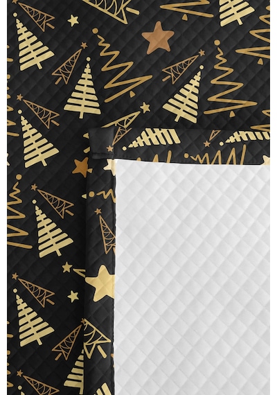Yılbaşı Çam Ağacı Siyah Genç Odası Tek Kişilik Pike Takımı - Yıldızlı Altın 160x220 Cm Yatak Örtüsü Hafif Kabuğu Serabı