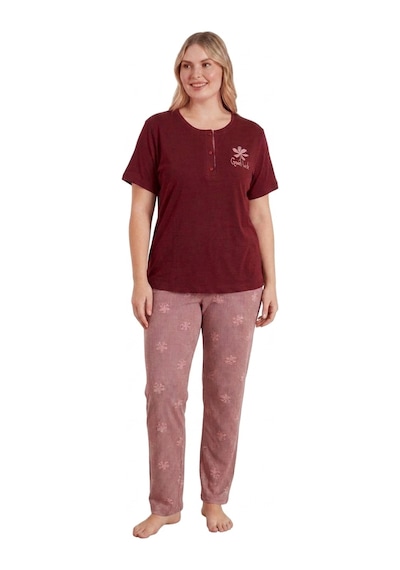 Modalove Kadın Battal Bambu Viskon Kumaş Kısa Kol Pijama Takımı Bordo