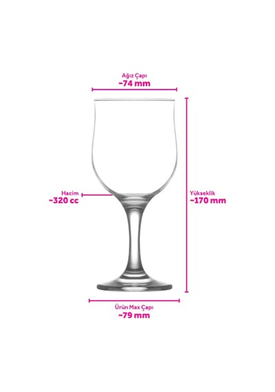 Lav Nevakar Cam Kırmızı Şarap Kadehi 6'lı 320 ml Ayaklı (Meşrubat Bardağı)