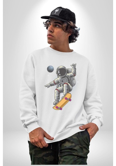 Atronot Kaykay Uzay Mars Unisex Beyaz Baskılı Sweatshirt Beyaz