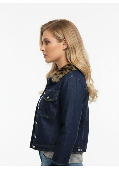 Duygudan Kürk Yaka Detaylı Premium Denim Ceket Modern Kesim Şık Jean Ceket - Mavi