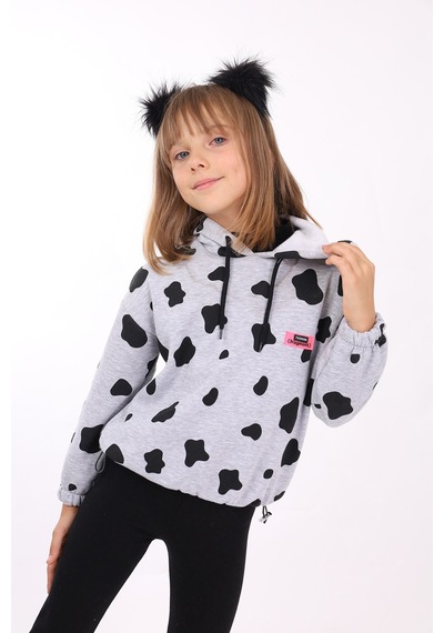 Toontoy Kız Çocuk Komple İnek Baskılı Sweatshirt Gri Melanj