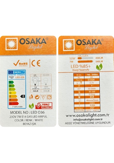 10 Adet Osaka 7w 50w Beyaz Işık E14 Duylu İnce Duy Led Mini Ampul