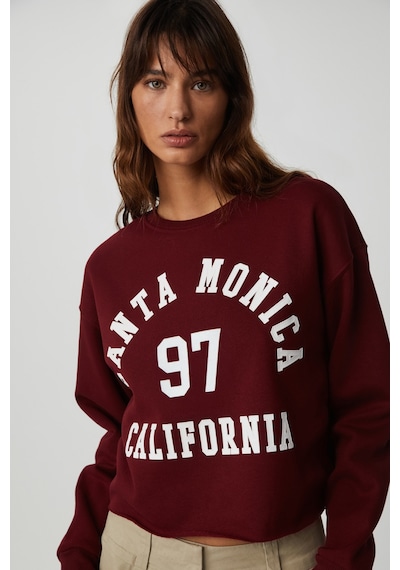 Grımelange Jaelyn Kadın Uzun Kollu Yuvarlak Yaka Önü Baskılı Düşük Omuz Kısa Bordo Sweatshirt Bordo