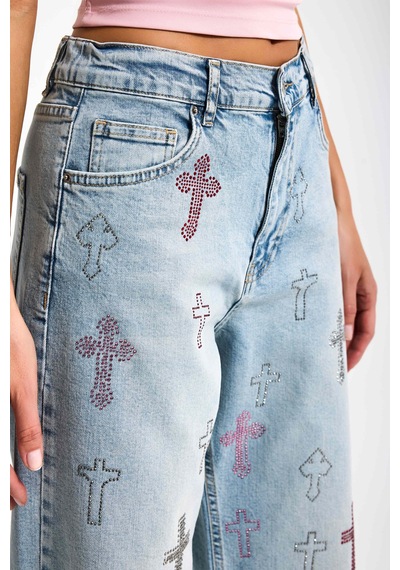 Itsbasic Kadın Kot Rengi T-4s6-32 Özel Parlak Taşlı Elastan Kumaş Tasarım Denim Jean Mavi