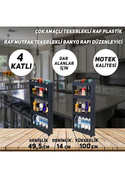 Technow Motek Sr-04 Tekerlekli Plastik,mutfak,banyo Rafı 4 Katlı Organizer Antrasit Antrasit