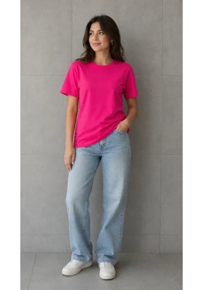 Defymoda Basic Pamuklu Tişört Bisiklet Yaka Düz Renk Relaxed Fit T-shirt - Fuşya