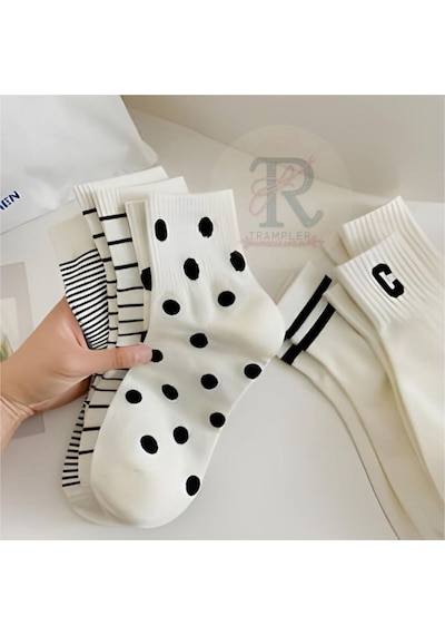 Trampler Sade Çizgili Benekli Unisex Çorap Soket 5 Çift Beyaz Siyah Beyaz