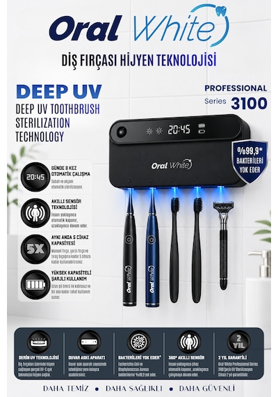 Oral White Professional Series 3100 Gerçek Uv-c Diş Fırçası Sterilizasyon Cihazı - Akıllı Sensörlü Siyah