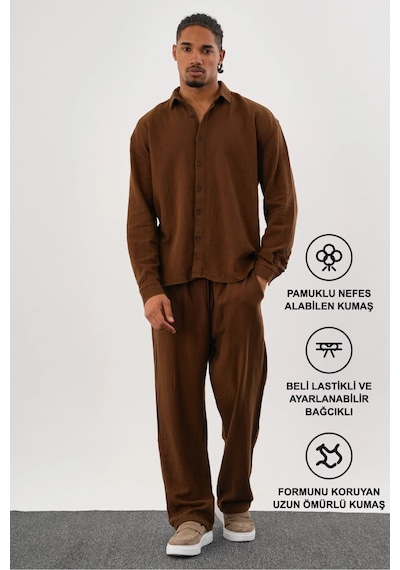 Flare Kışlık Baggy Pantolon Oversize Gömlek Alt Üst Takım %100 Pamuk Kahve