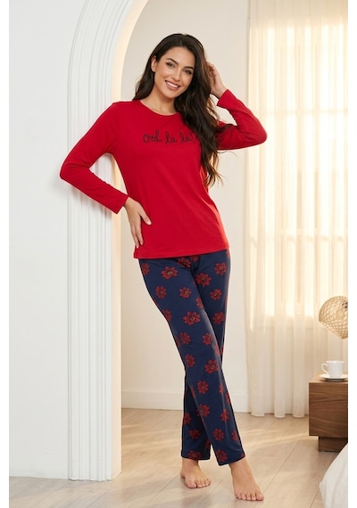 Mataş Kadın Desenli Bambu Viskon Uzun Kollu Soft Örme Mevsimlik Yumuşak Pijama Takımı Kırmızı