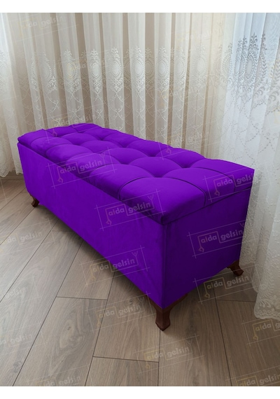Çizgi Kapitoneli Sandıklı Puf 90 Cm Ceviz Ayak Lila