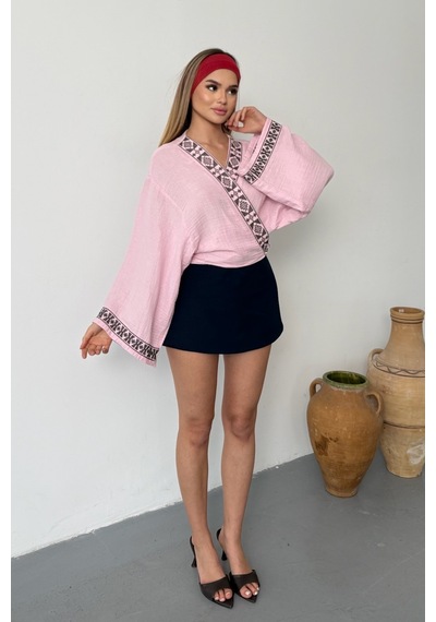 Giysa Kadın Bağlama Detaylı Nakışlı %100 Pamuklu Kimono Pembe - 26y 7014