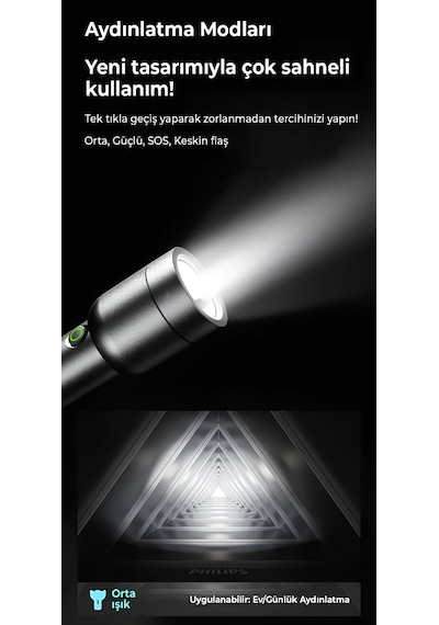 Philips SFL1236 3W 300 Lümen Şarj Edilebilir LED El Feneri Siyah | Ultra Hafif, 3 Işık Modlu (200MT Menzil, IP44 Su Geçirmez) (Ramwhite Garantili) Siyah