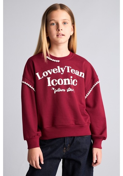 Defacto Relax Fıt Bisiklet Yaka Slogan Baskılı Sweatshirt Kız Çocuk I0709a826aubr204 Bordo-br204