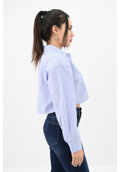 Koza Butik Kadın Çizgili Mavi Crop Gömlek 1738-24 001