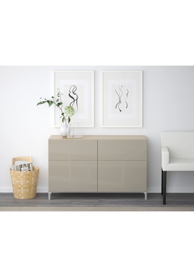 Dolap Kombinasyonu, Ağartılmış Meşe Görünümlü-parlak Cila-bej, 120x40x74 Cm, Selsvıken, Fren Raylı Ahşap
