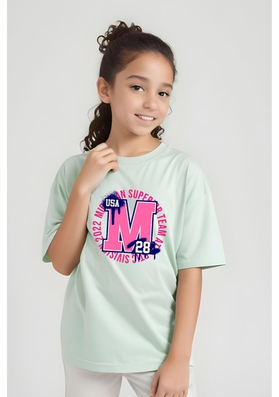Panios Kids M 28 Baskılı Kız Çocuk Kısa Kollu T-shirt Mint Yeşili