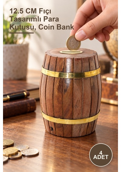 4 Adet Pirinç Ahşap Fıçı Kumbara 12.5 Cm Fıçı Tasarımlı Para Kutusu, Coin Bank