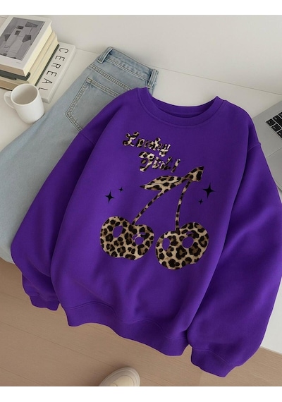 Benroma Lucky Girl Baskılı Unisex Sweatshırt Mor