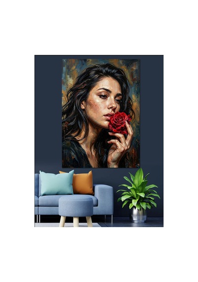 Kırmızı Gül Tutan Esmer Kadın Yağlı Boya Dokulu Kanvas Tablo Canvas Tablosu