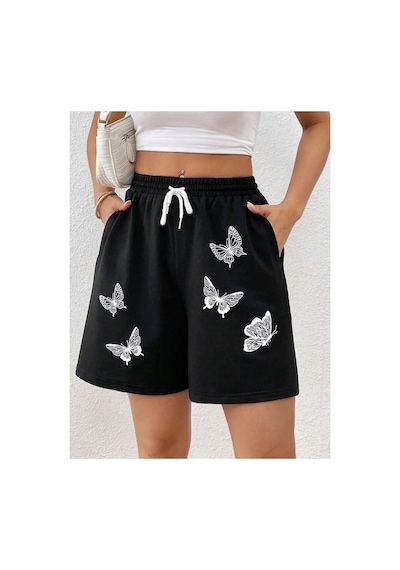 Tarzsokak Butterfly Print Drawstring Waist Şort Siyah