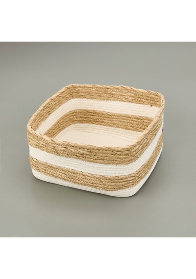 Living Boho Style Büyük Kağıt İp Sepet - Bej / Beyaz - 28x28x14 Cm Çok Renkli