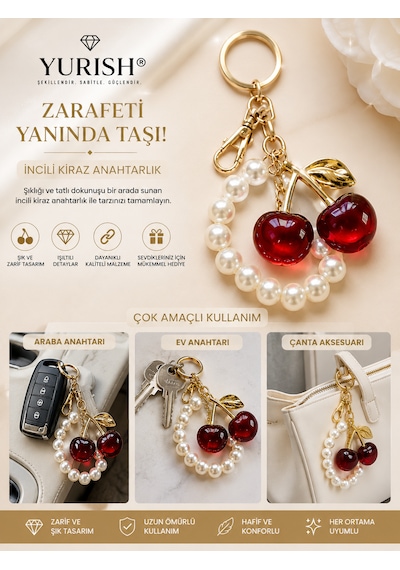 Kadın Gold Bordo Kırmızı Simli İnci Detaylı Kiraz Meyve Figürlü Charm Anahtarlık Çanta Süsü