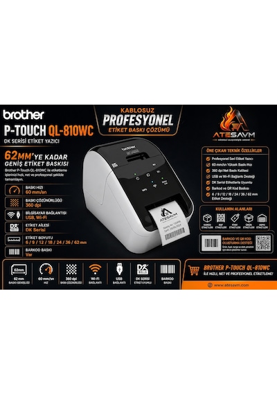 Brother P-touch Ql-810wc 62mm E Kadar Baskı Dk Serisi Usb Wi-fi Etiket Yazıcı + Dk-22205 62mm Termal Etiket, 30 Metre