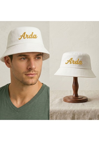 Bk Gift Kişiye Özel İsim Nakışlı Unisex Bucket Şapka Beyaz Pamuk Gabardin Kumaş Yazlık Şapka