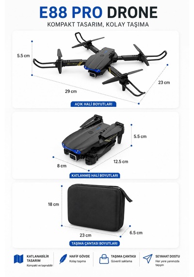 E88pro-e99pro 2.4ghz Katlanbilir Drone 720p Sabit Kalabilme Telefon Tutuculu Kumanda Tek Tuş İniş Kalkış