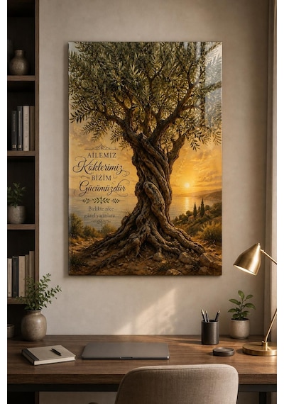 Zeytin Ağacı Aile Temalı Baskılı Cam Tablo Uv Baskı Dekoratif Duvar Tablosu