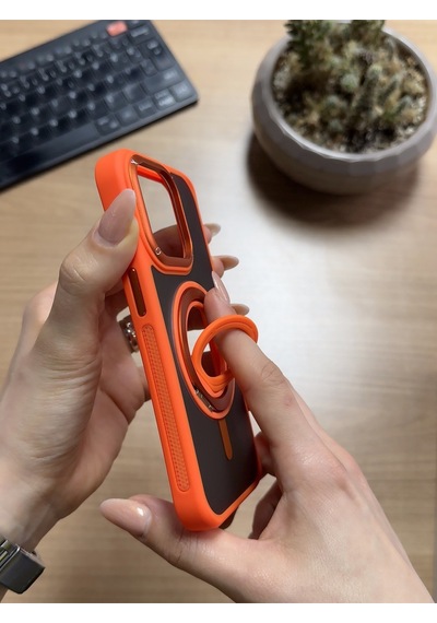 Apple Uyumlu iPhone 14 Pro Standlı Ve Yüzüklü Magsafe Kılıf Soocase721 Turuncu