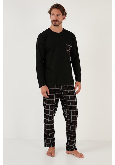 Buratti Ekoseli Cepli Beli Lastikli % 100 Pamuk Regular Fit Erkek Pijama Takımı 6572001 Siyah